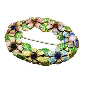 Vintage Enameled Flower Rhinestone Czech Brooch (A1120)